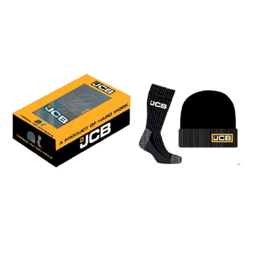 1pk Mens JCB Work Socks & Hat GiftBox Blk/Gry